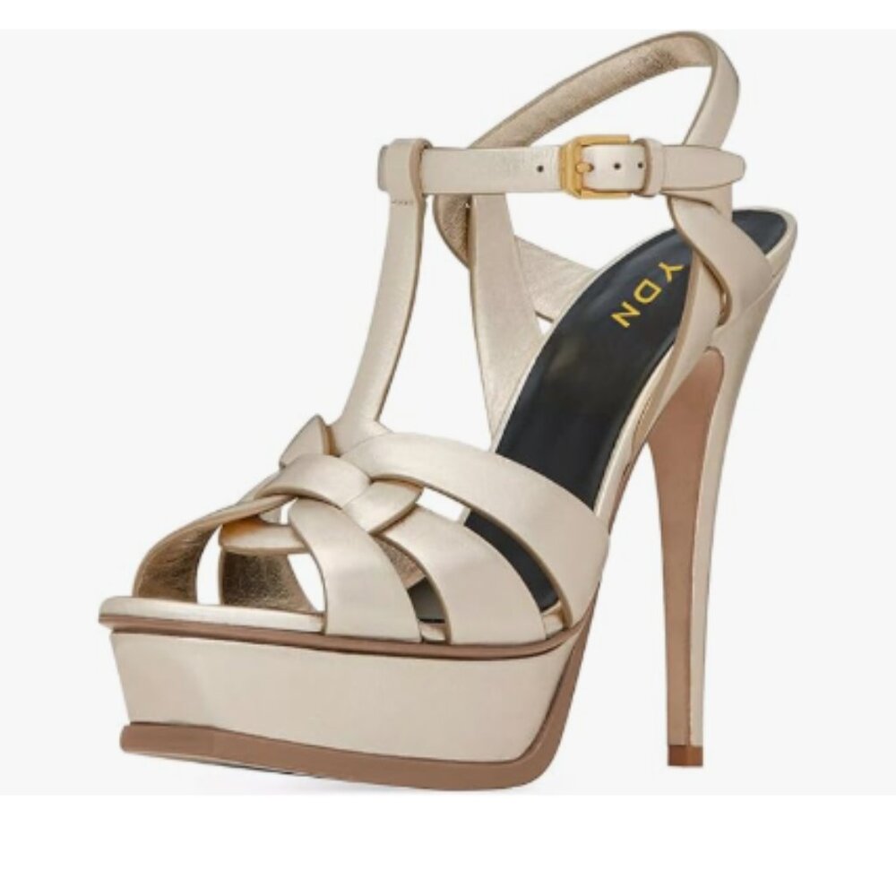 YDN Light Gold Strappy High Heeled Platform Sandals Peep Toe T-strap Shoes